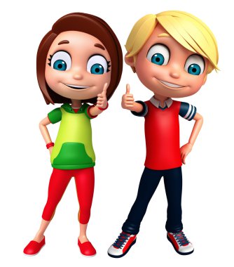3D render, küçük erkek ve kız poz yukarı thums ile