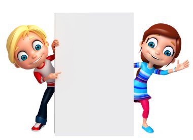 3D render, küçük erkek ve kız beyaz tahta ile 