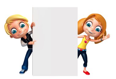 3D render, küçük erkek ve kız beyaz tahta ile 