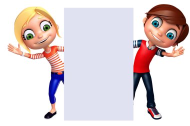 3D render, küçük erkek ve kız beyaz tahta ile 