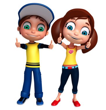 3D Render of Little Boy and Girl with thums up pose clipart