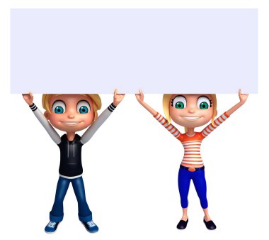 3D render, küçük erkek ve kız beyaz tahta ile 