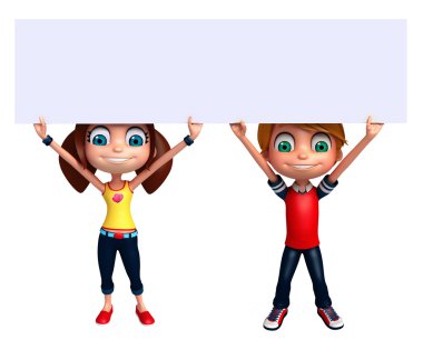 3D render, küçük erkek ve kız beyaz tahta ile 