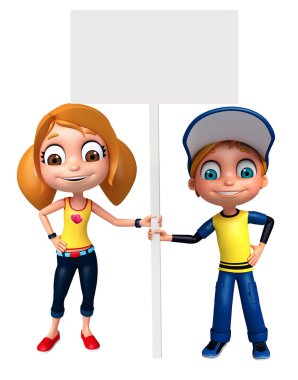 3D render, küçük erkek ve kız beyaz tahta ile 