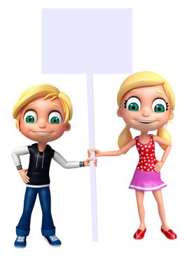 3D render, küçük erkek ve kız beyaz tahta ile 
