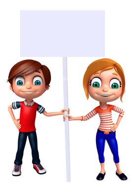 3D render, küçük erkek ve kız beyaz tahta ile 