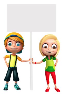 3D render, küçük erkek ve kız beyaz tahta ile 