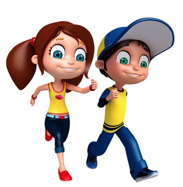 3D render, küçük çocuk ve poz çalışan kız