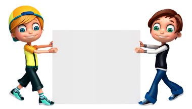 3D render, küçük erkek ve kız beyaz tahta ile 