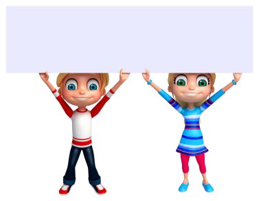 3D render, küçük erkek ve kız beyaz tahta ile 