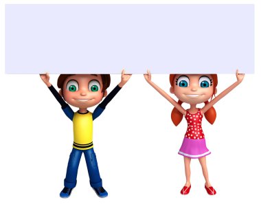3D render, küçük erkek ve kız beyaz tahta ile 
