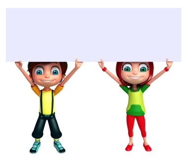 3D render, küçük erkek ve kız beyaz tahta ile 