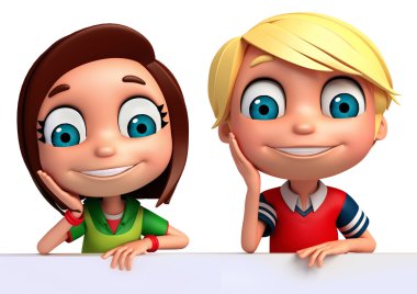 3D render, küçük erkek ve kız beyaz tahta ile 