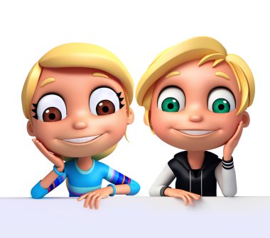 3D render, küçük erkek ve kız beyaz tahta ile 