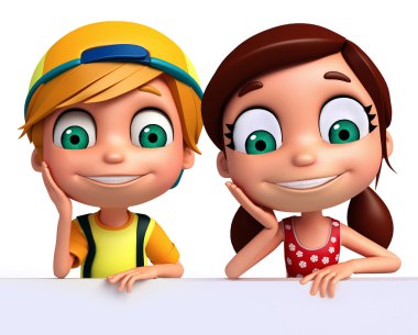 3D render, küçük erkek ve kız beyaz tahta ile 