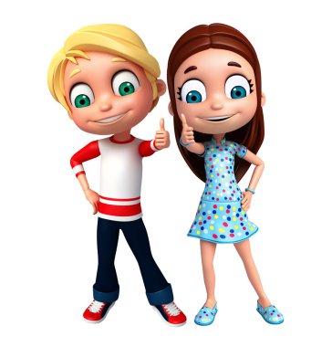 3D render, küçük erkek ve kız poz yukarı thums ile