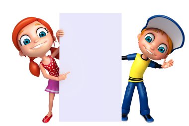 3D render, küçük erkek ve kız beyaz tahta ile 