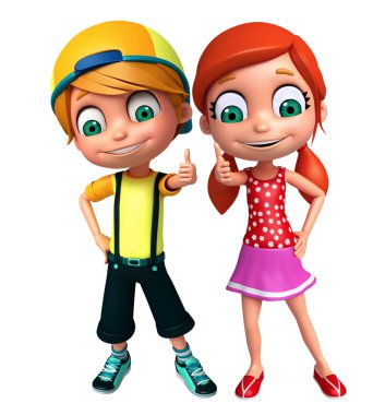 3D render, küçük erkek ve kız beyaz tahta ile 