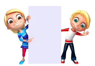 3D render, küçük erkek ve kız beyaz tahta ile 
