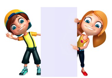3D render, küçük erkek ve kız beyaz tahta ile 