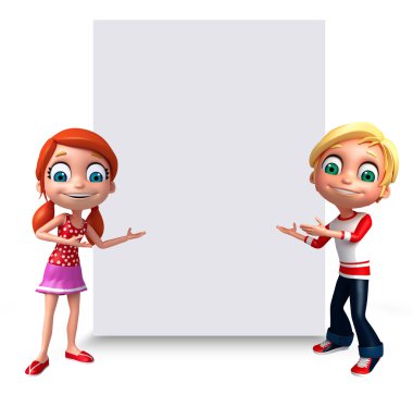 3D render, küçük erkek ve kız beyaz tahta ile 