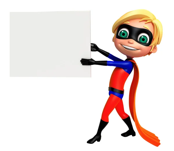 Cute boy as a superhero with white board — Stock Photo, Image