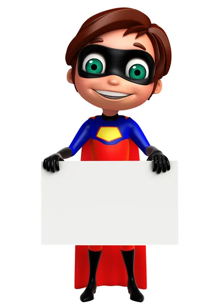 Симпатичный мальчик в образе супергероя с белой доской — стоковое фото