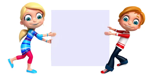 3D renderen van kleine jongen en meisje met white-board — Stockfoto