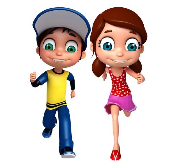 3D Render of Little Boy and Girl com pose de corrida — Fotografia de Stock