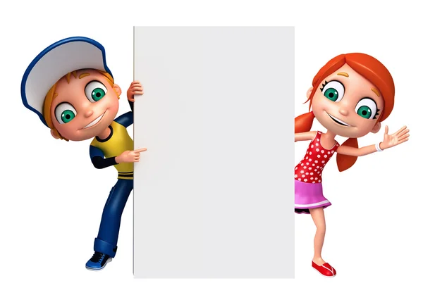 3D Рендер маленького мальчика и девочки с белой доской — стоковое фото