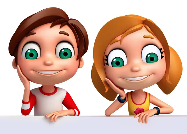 3D renderen van kleine jongen en meisje met white-board — Stockfoto