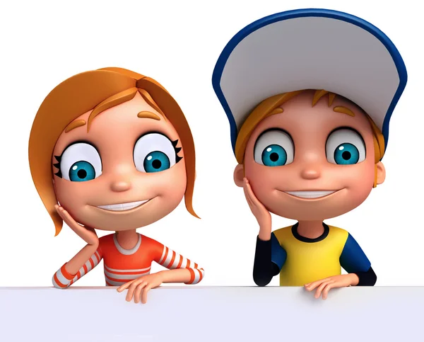 Render 3D di Little Boy e Girl con lavagna bianca — Foto Stock