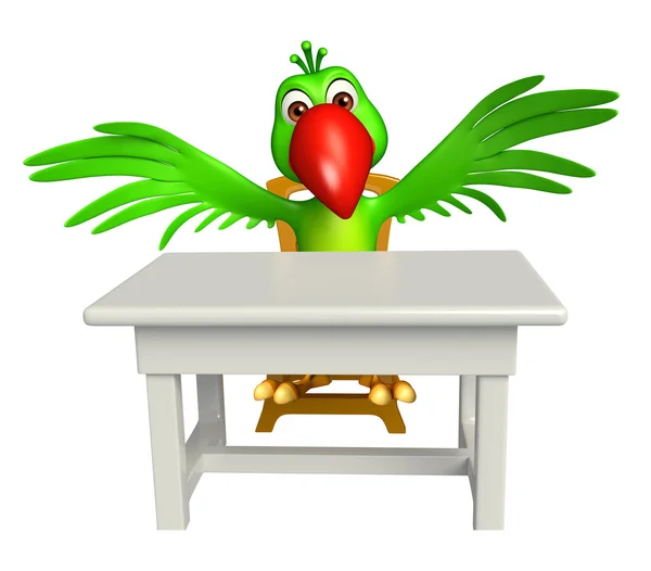 Fun Parrot cartoon character with table and chair — Stock Photo, Image