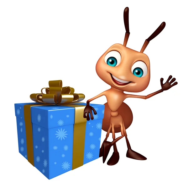 Divertido personaje de dibujos animados Ant con caja de regalo —  Fotos de Stock