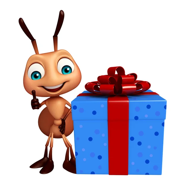 fun  Ant cartoon character with gift box