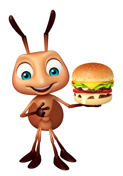 fun Ant cartoon character with burger