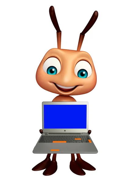 Divertido personaje de dibujos animados hormiga con el ordenador portátil —  Fotos de Stock