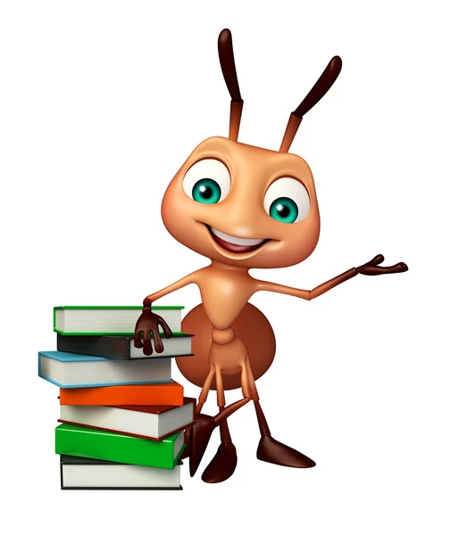 Söta Ant seriefiguren med boken stack — Stockfoto