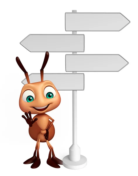 Divertido Ant personagem dos desenhos animados com sinal de caminho — Fotografia de Stock