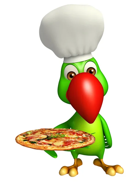 Niedliche Papagei-Cartoon-Figur mit Pizza und Kochmütze — Stockfoto