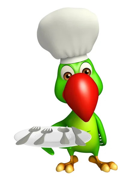 Parrot cartoon character with dinner plate and chef hat — Stock Photo, Image