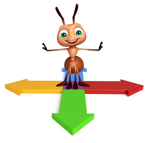 Divertido personaje de dibujos animados hormiga con signo de flecha — Foto de Stock