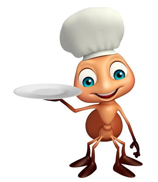 Ant cartoon character with chef hat and dinner plate — Stock Photo, Image