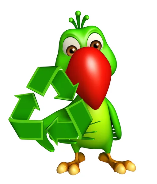 Papoušek kreslená postava symbolem recyklace — Stock fotografie