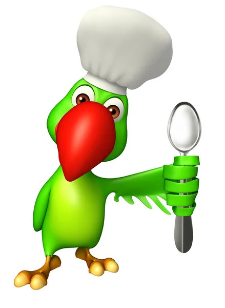 Postać z kreskówki papuga z łyżką i szef kuchni kapelusz — Zdjęcie stockowe