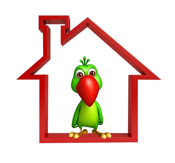 Niedlichen Papagei Cartoon-Figur mit Home-Zeichen — Stockfoto