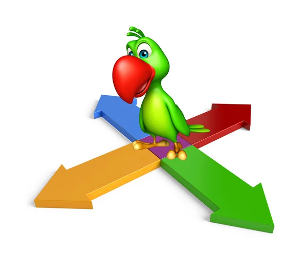 Roztomilý papoušek kreslená postava s šipkou — Stock fotografie