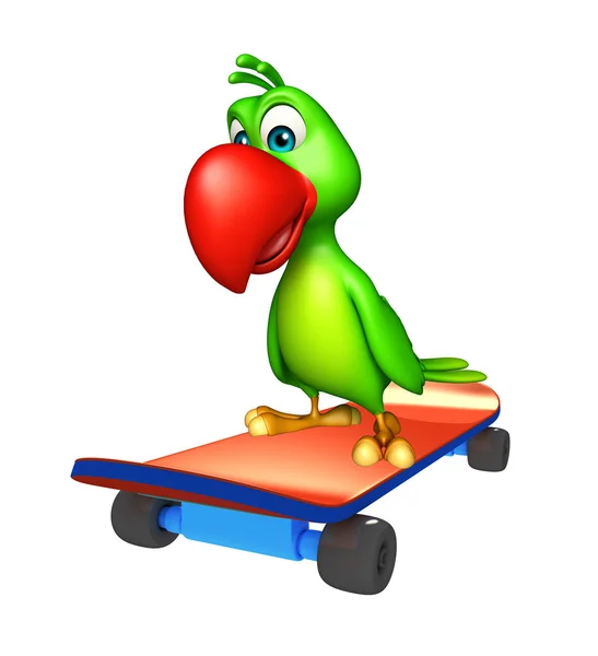 Милый персонаж мультфильма о попугае со скейтбордом — стоковое фото