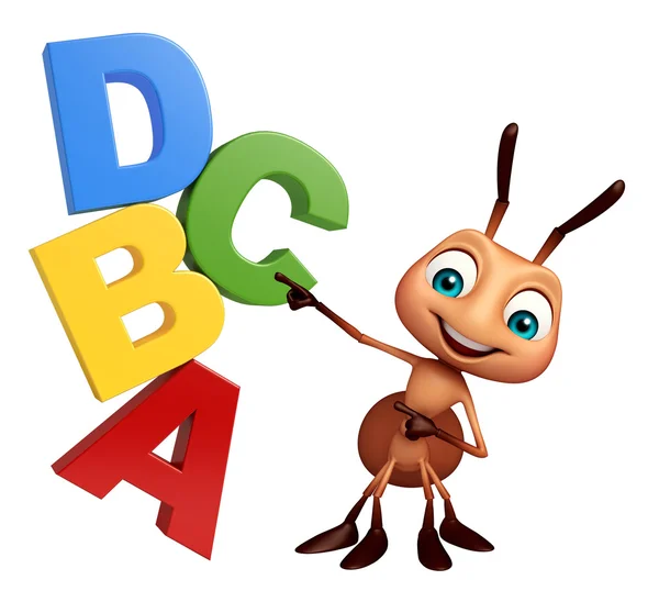 Personaje de dibujos animados Ant con signo ABCD — Foto de Stock