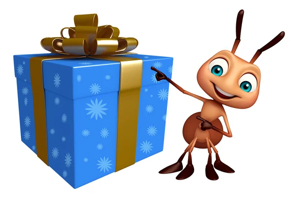 Fun  Ant cartoon character with gift box — Stock Photo, Image